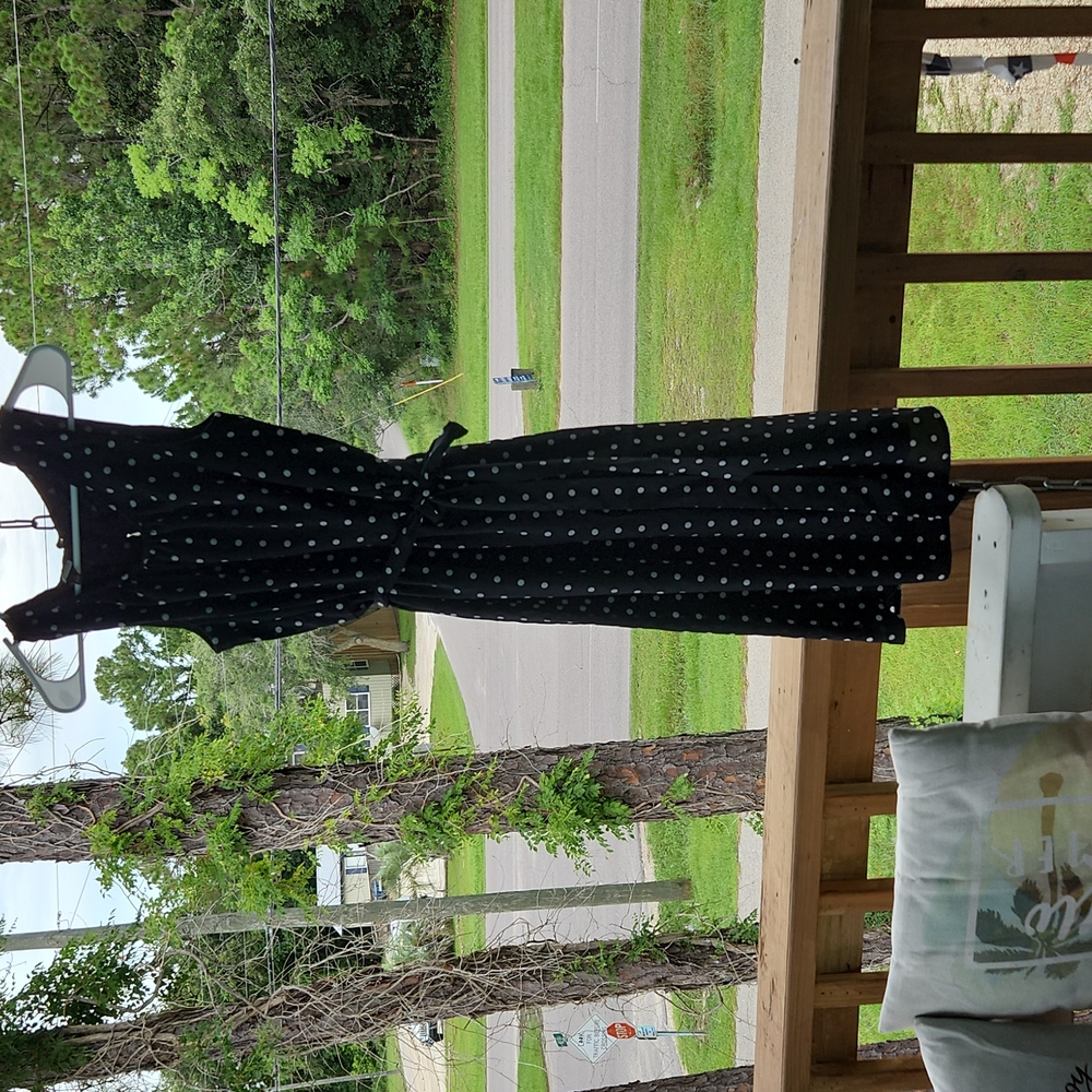 BLACK AND WHITE POLKA DOT WITH GATHERED STITCHING AROUND NECKLINE AND WAIST